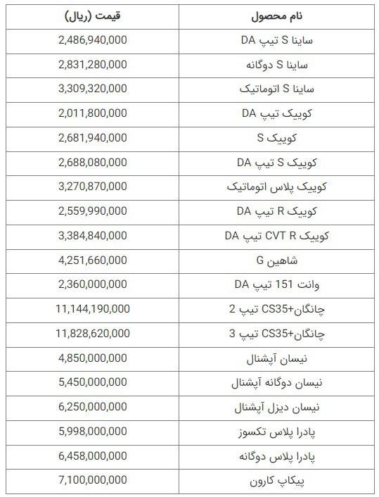 قیمت محصولت سایپا ویژه تیرماه