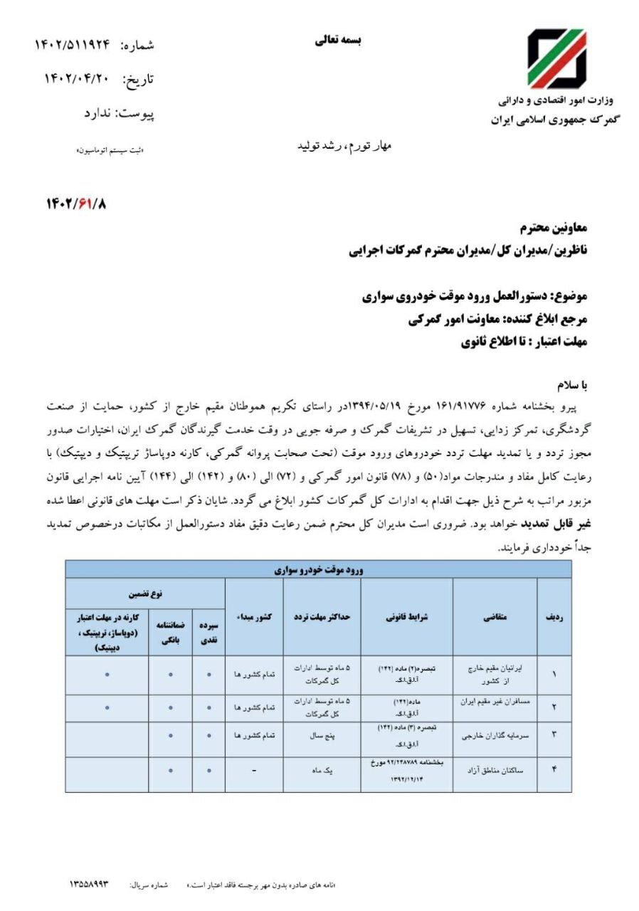 دستورالعمل ورود موقت خودروی سواری