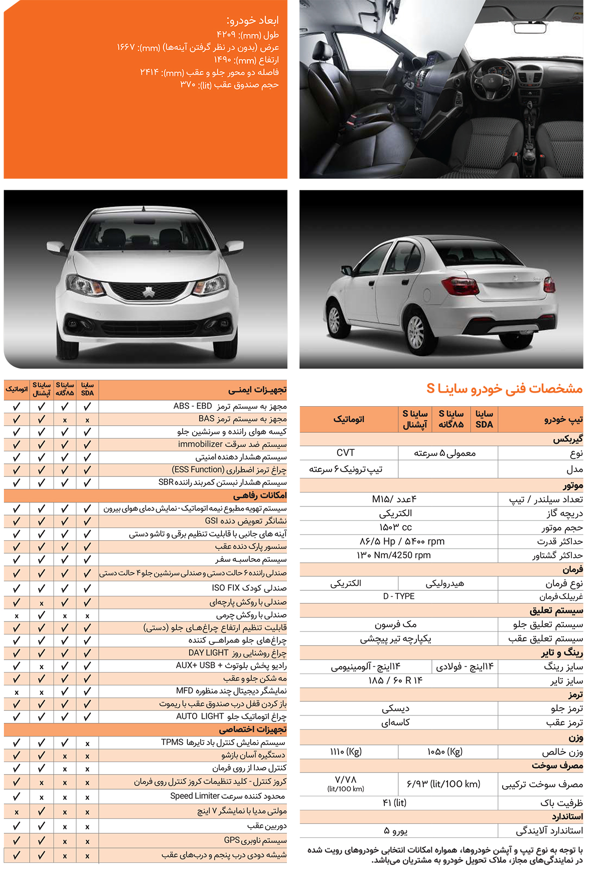 مشخصات فنی ساینا اس