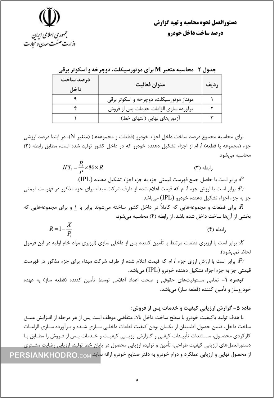 دستورالعمل نحوه محاسبه و تهیه گزارش درصد ساخت داخل خودرو