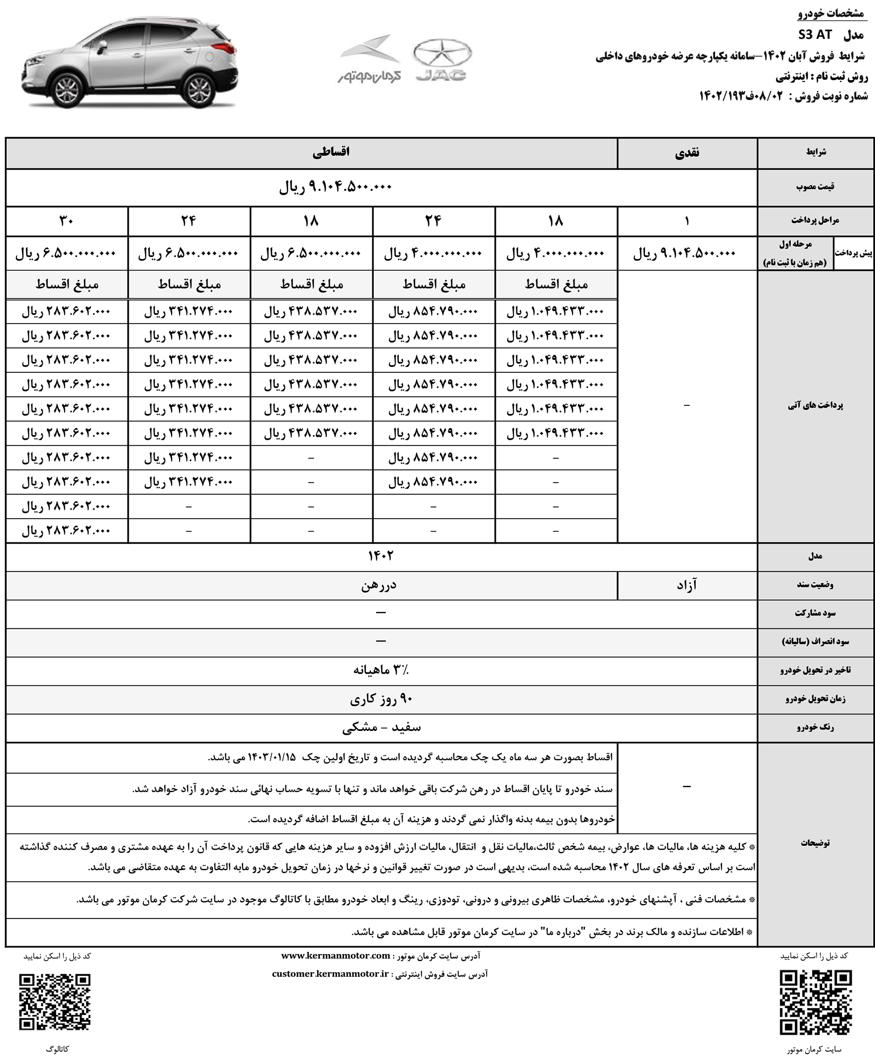 قیمت و جدول جزئیات فروش خودرو اس 3