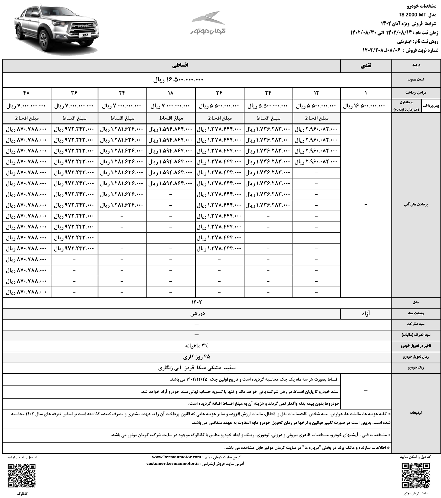 جدول فروش پیکاپ T8