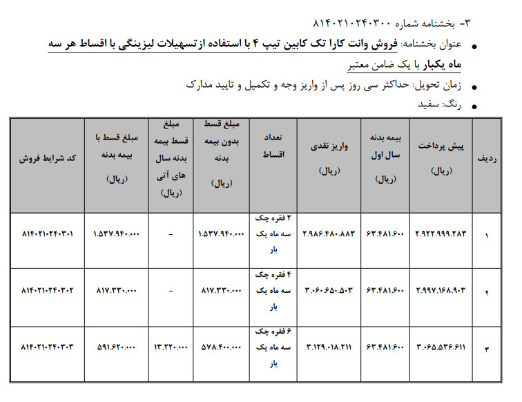 فروش وانت کارا به روش لیزینگ