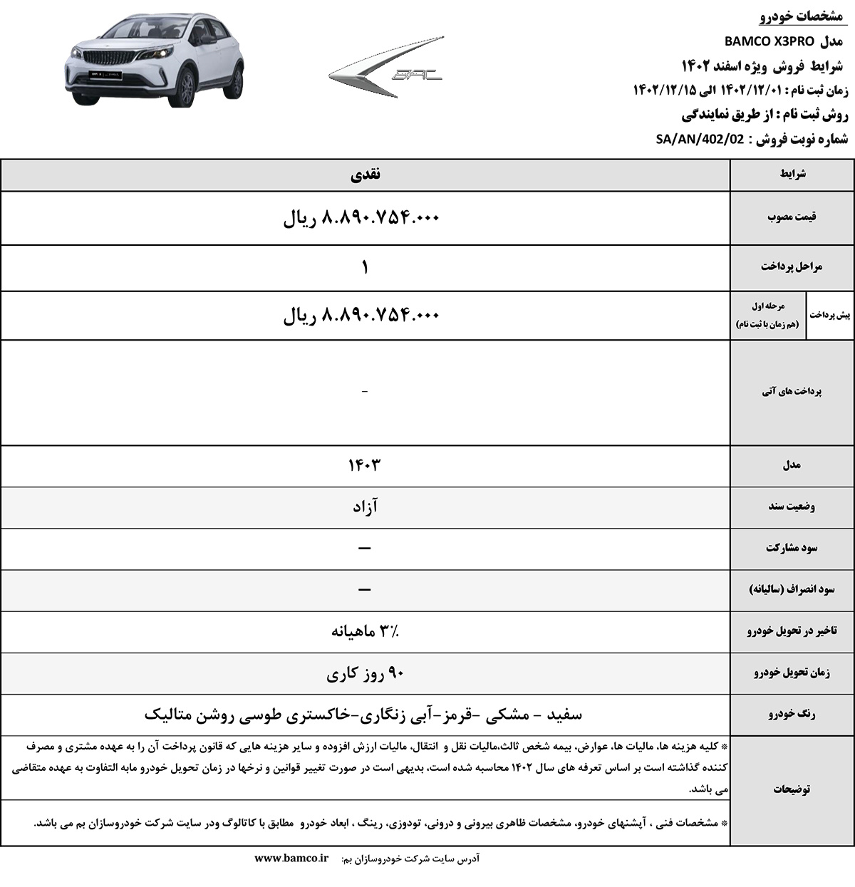 جدول فروش باک ایکس 3