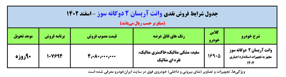 جدول فروش خودرو وانت آریسان ۲ دوگانه سوز