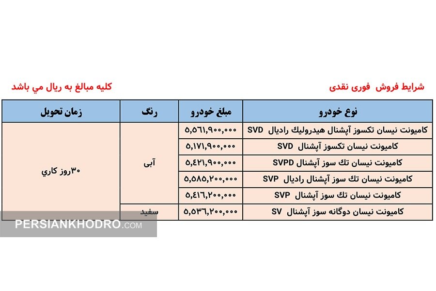 جدول فروش  نیسان