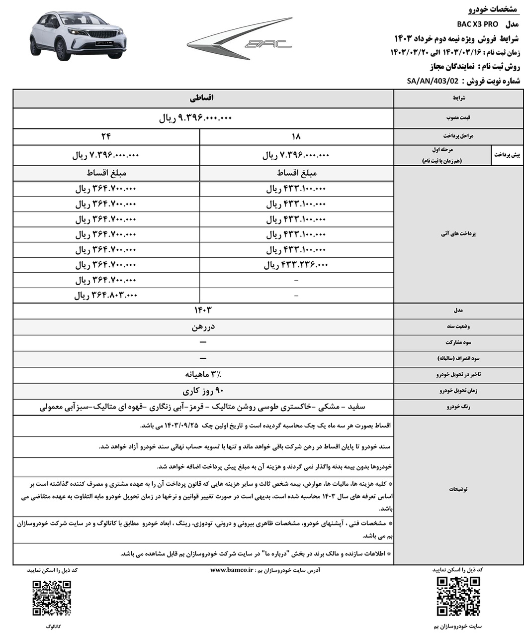 جدول فروش باک ایکس3 پرو