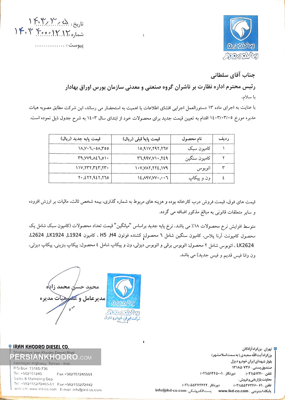 نامه افزایش قیمت محصولات ایران خودرودیزل