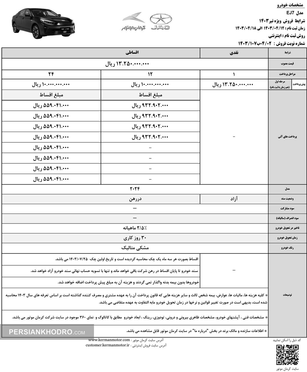 جدول فروش جی 7 برقی