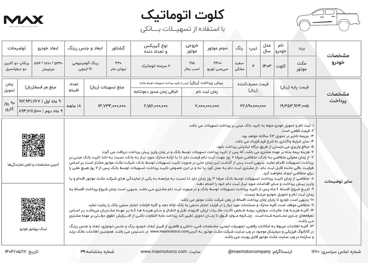 جدول فروش کلوت اتوماتیک