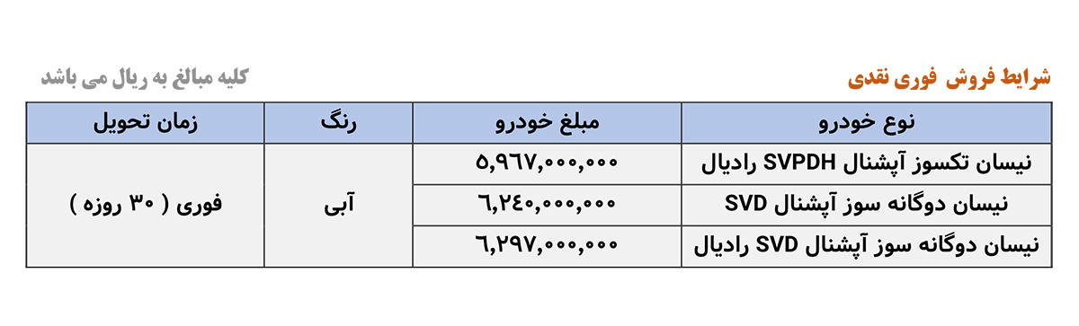 جدول فروش وانت نیسان - مهرماه 1403