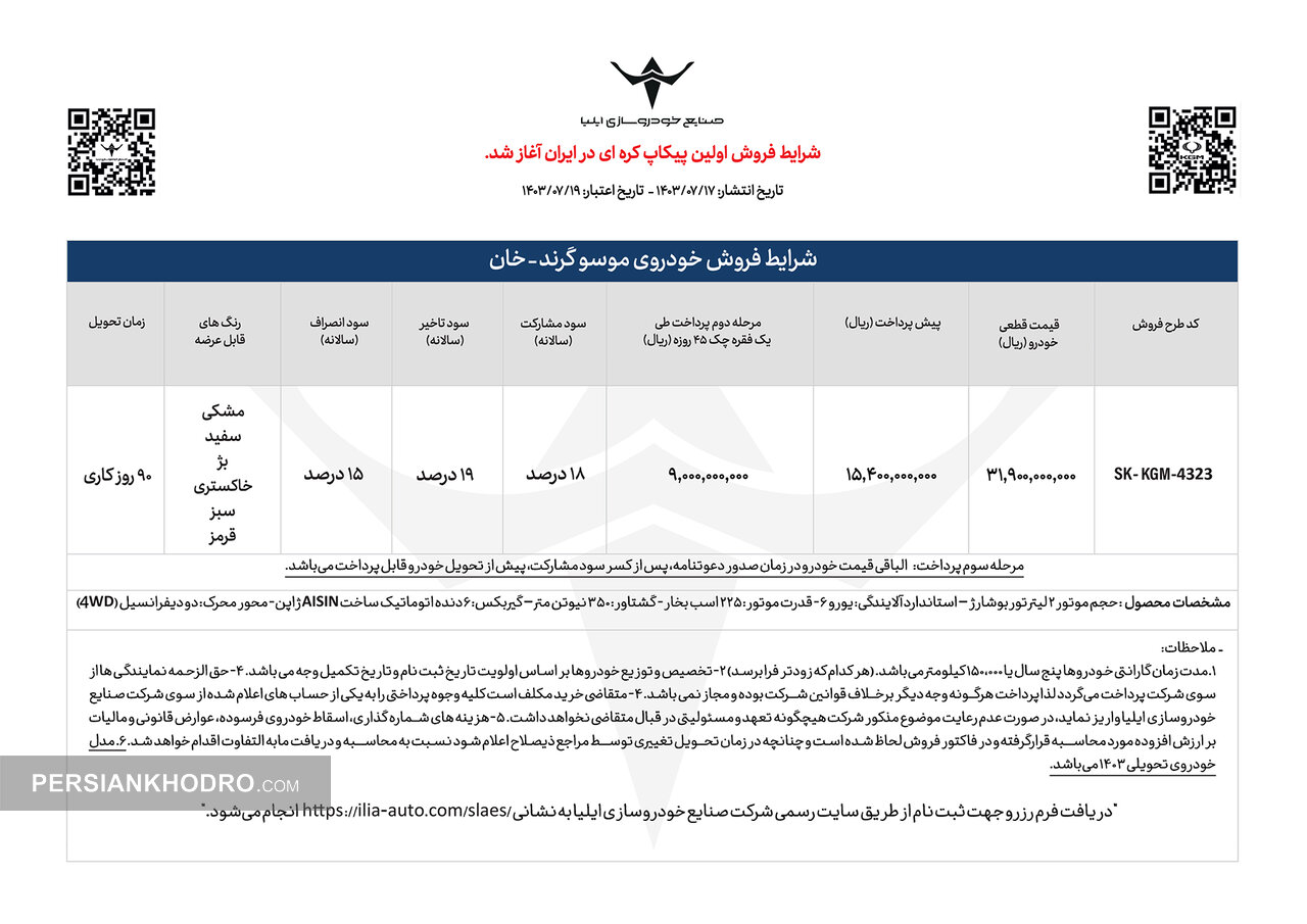 جدول فروش پیکاپ موسو گرند-خان