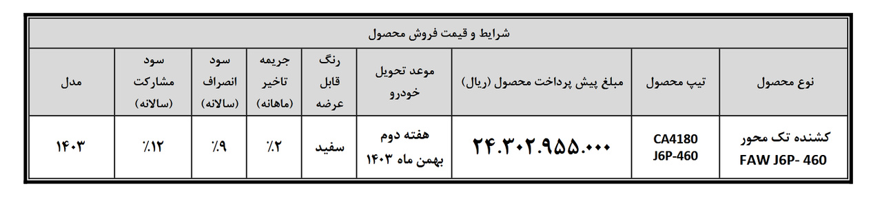 جدول پیش فروش کشنده فاو