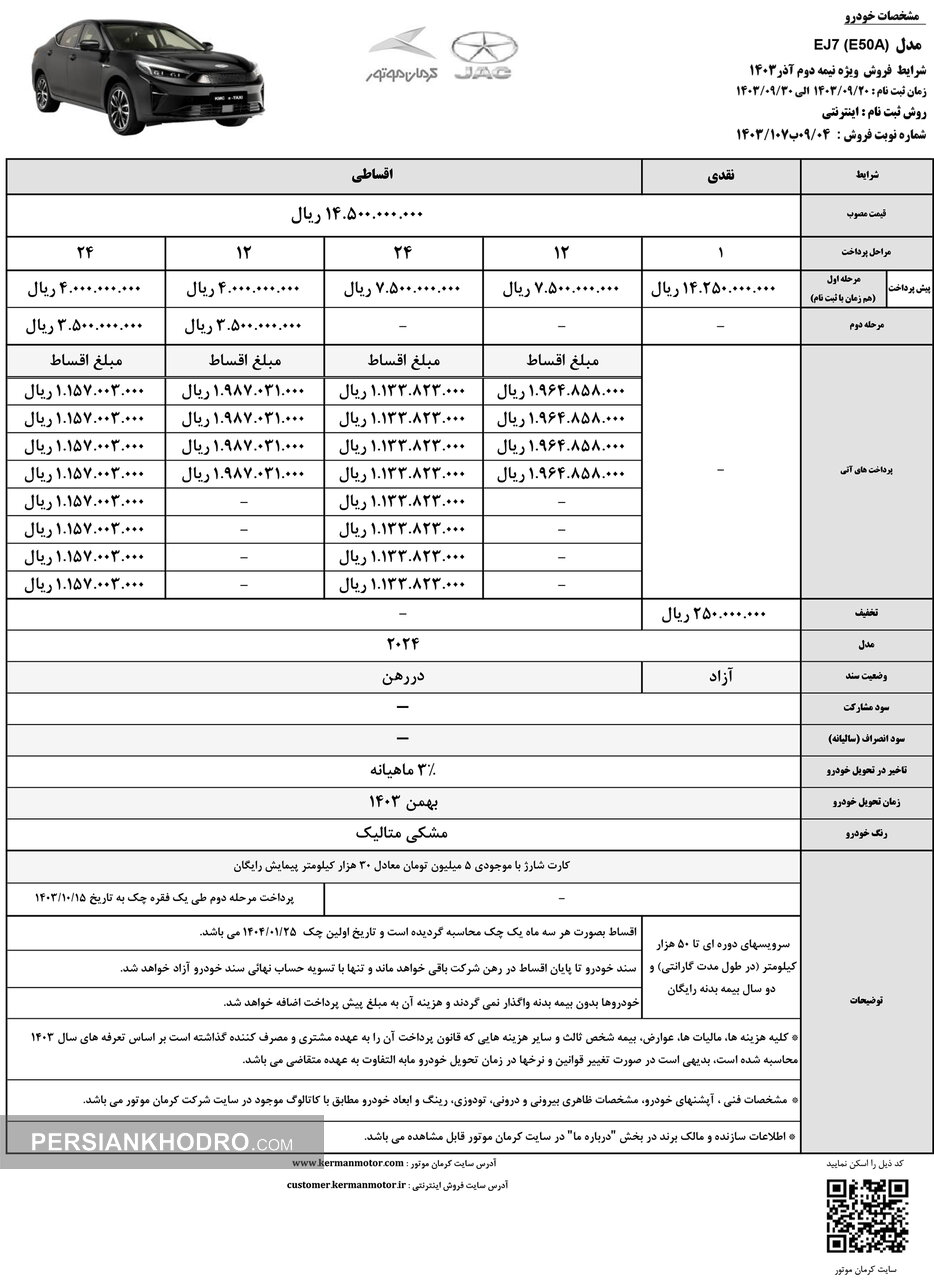 شرایط فروش خودرو برقی EJ7 -آذر1403