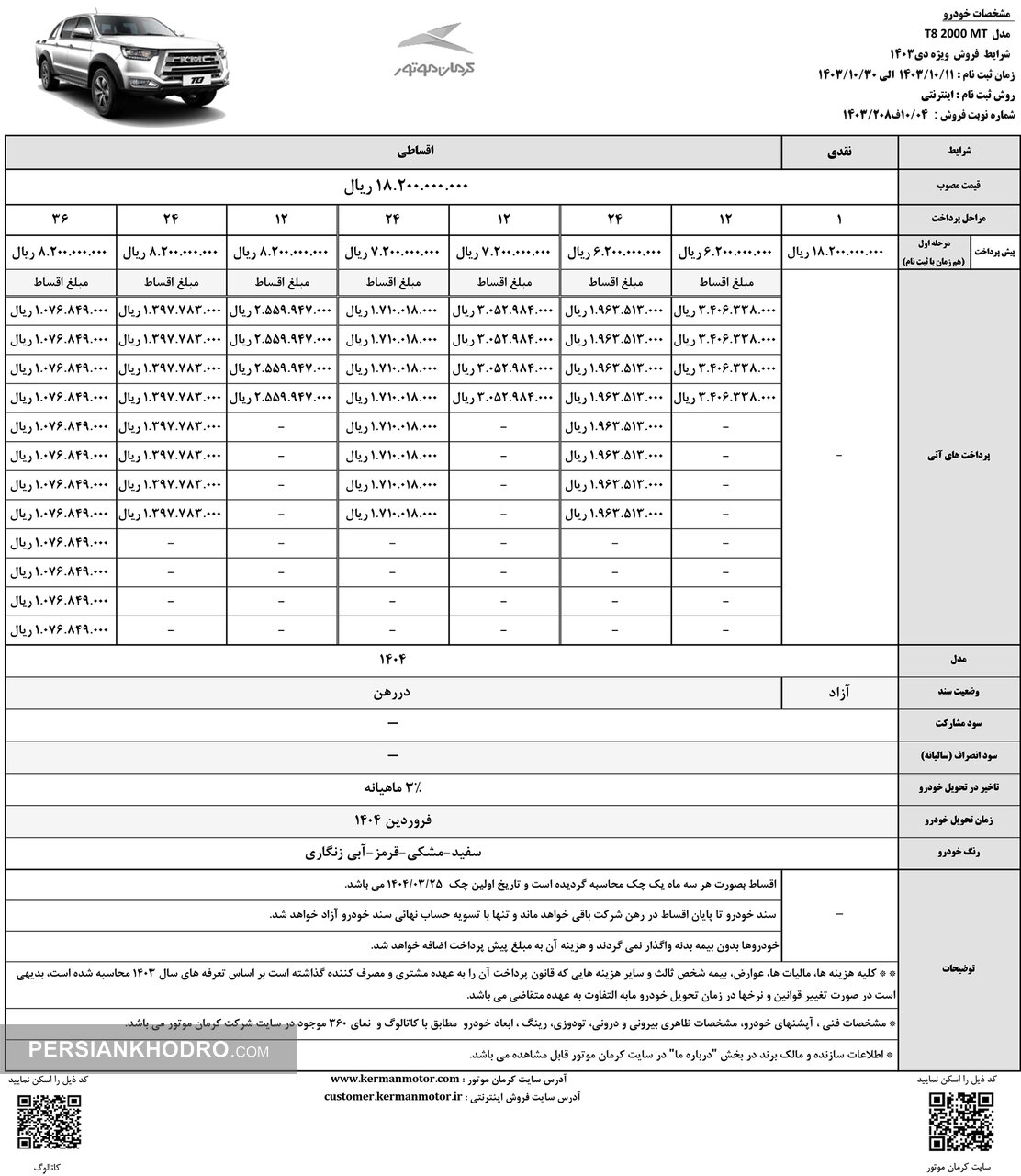 جدول فروش پیکاپ T۸- دی ۱۴۰۳