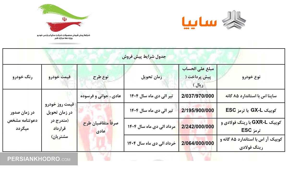 پیش فروش ۳ مدل کوییک و ساینا اس