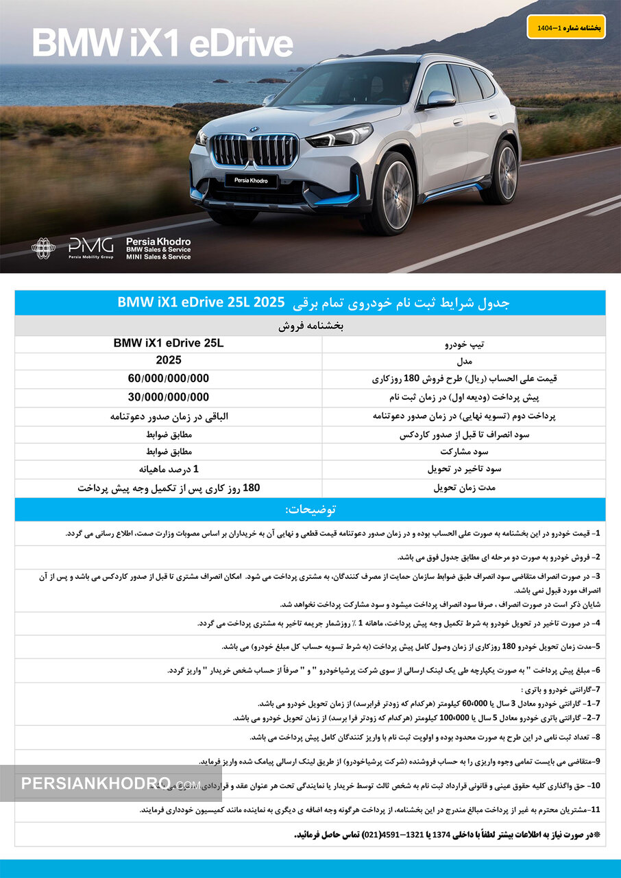 بخشنامه فروش کراس اوور برقی BMW iX۱ مدل ۲۰۲۵