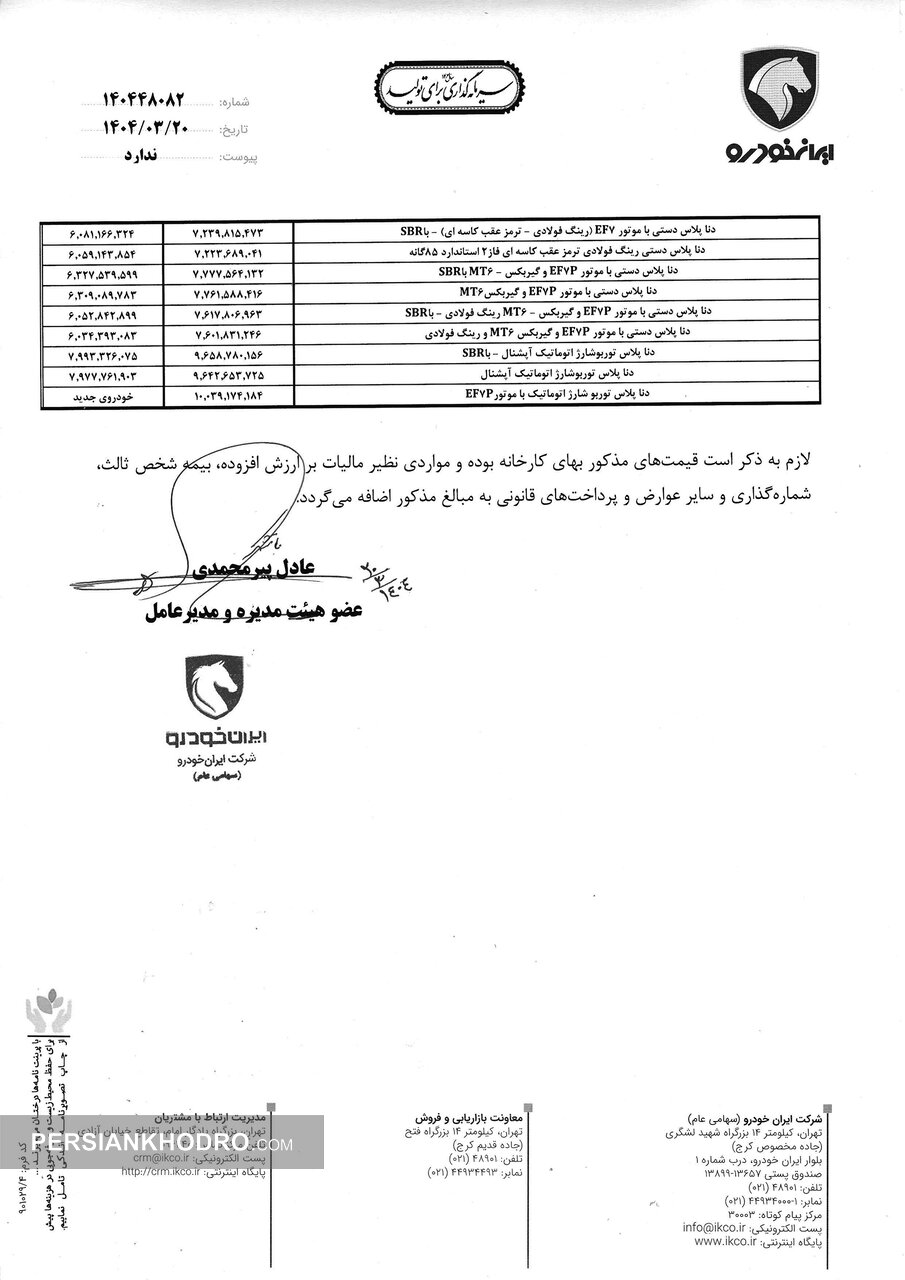 لیست قیمت کارخانه ای محصولات ایران خودرو - خرداد1404