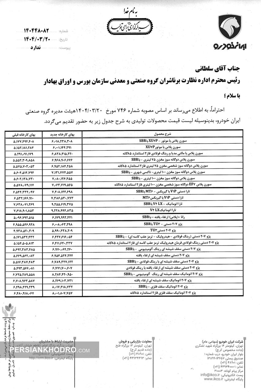 لیست قیمت کارخانه ای محصولات ایران خودرو - خرداد1404