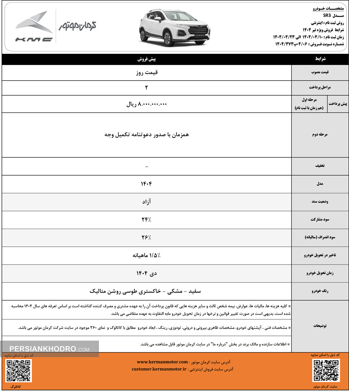 بخشنامه پیش فروش کی ام سی SR3- تیر1404