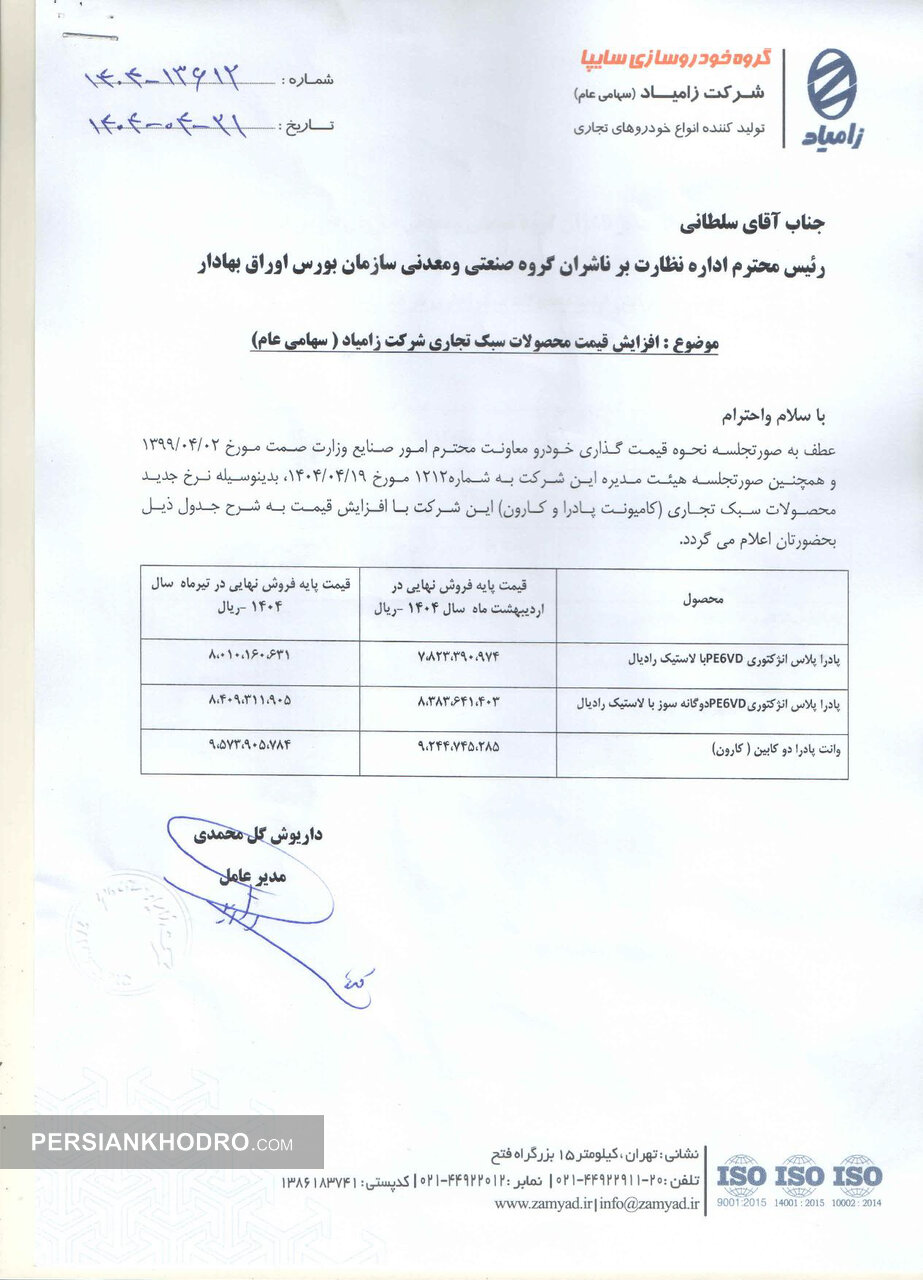 نامه افزایش قیمت 3 محصول زامیاد