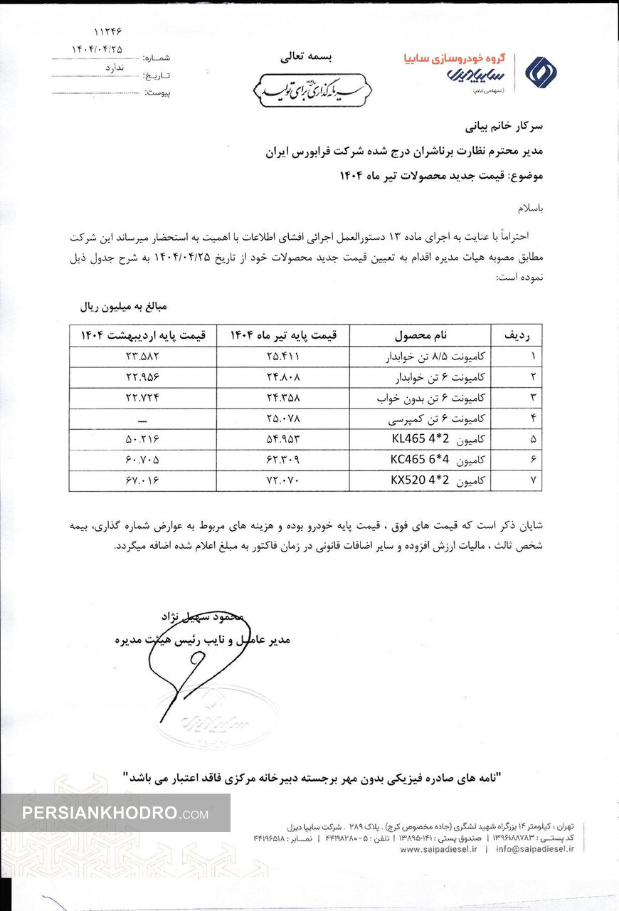 جدول فروش قیمت محصولات سایپادیزل-تیر1404