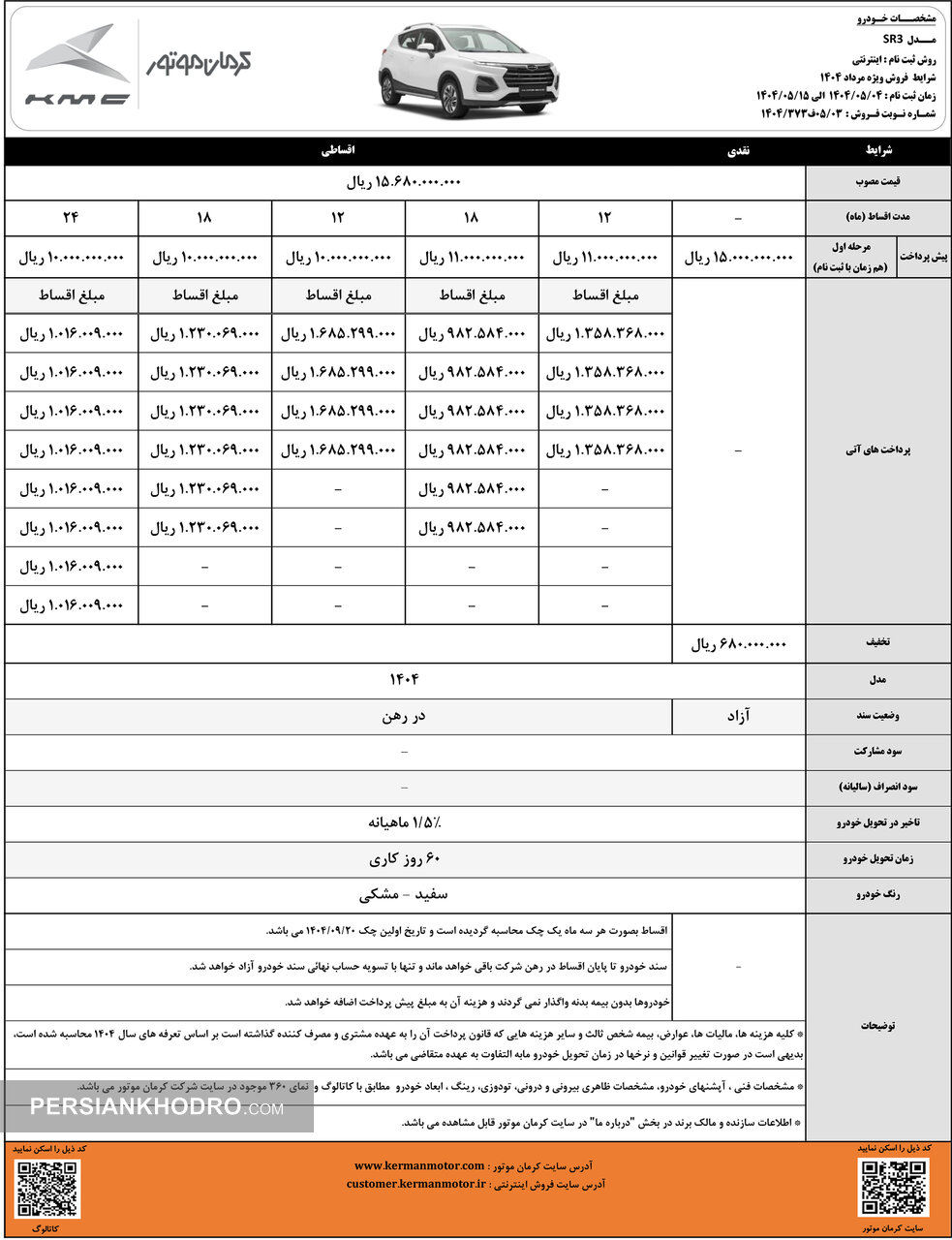 شرایط فروش نقد و اقساط SR3- مرداد 1404