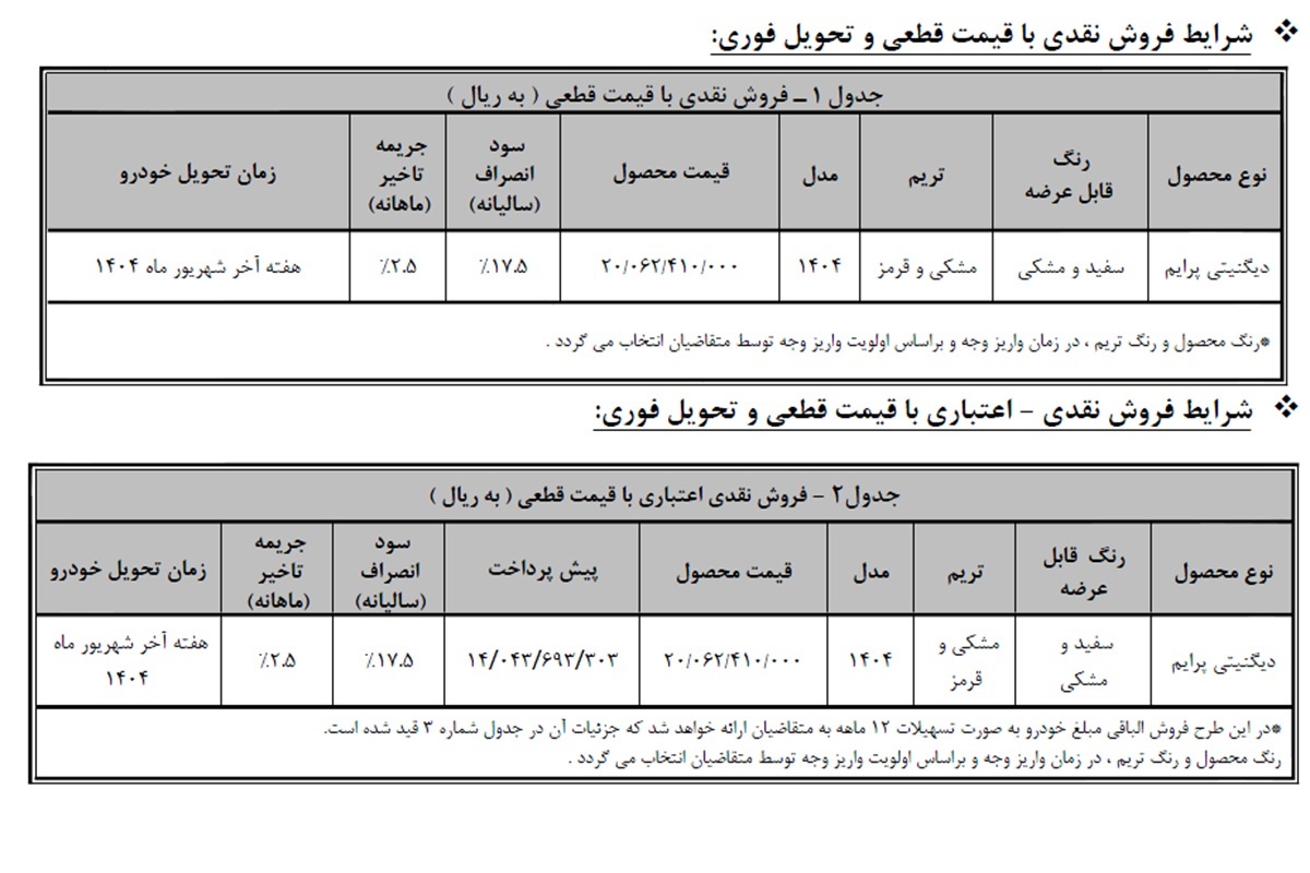 جدول فروش دیگنیتی پرایم-مرداد1404