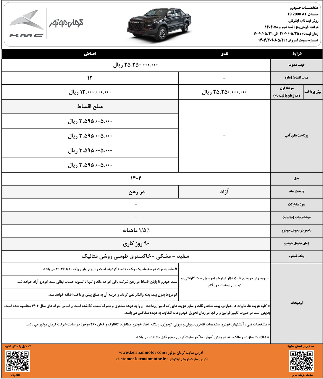 شرایط فروش تی9- نیمه دوم مرداد1404