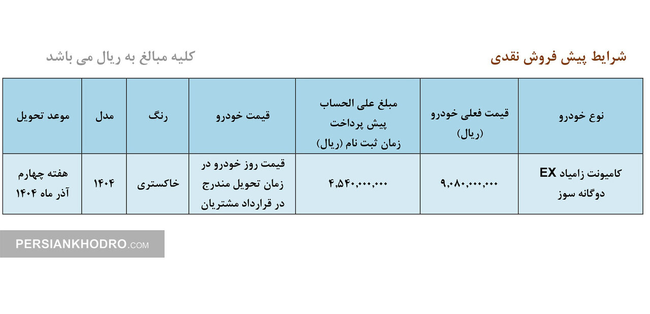 جدول پیش فروش زامیاد اکستند -شهریور1404