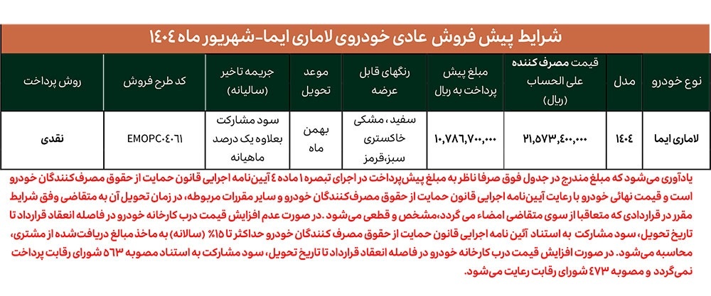 جدول پیش فروش لاماری- شهریور1404