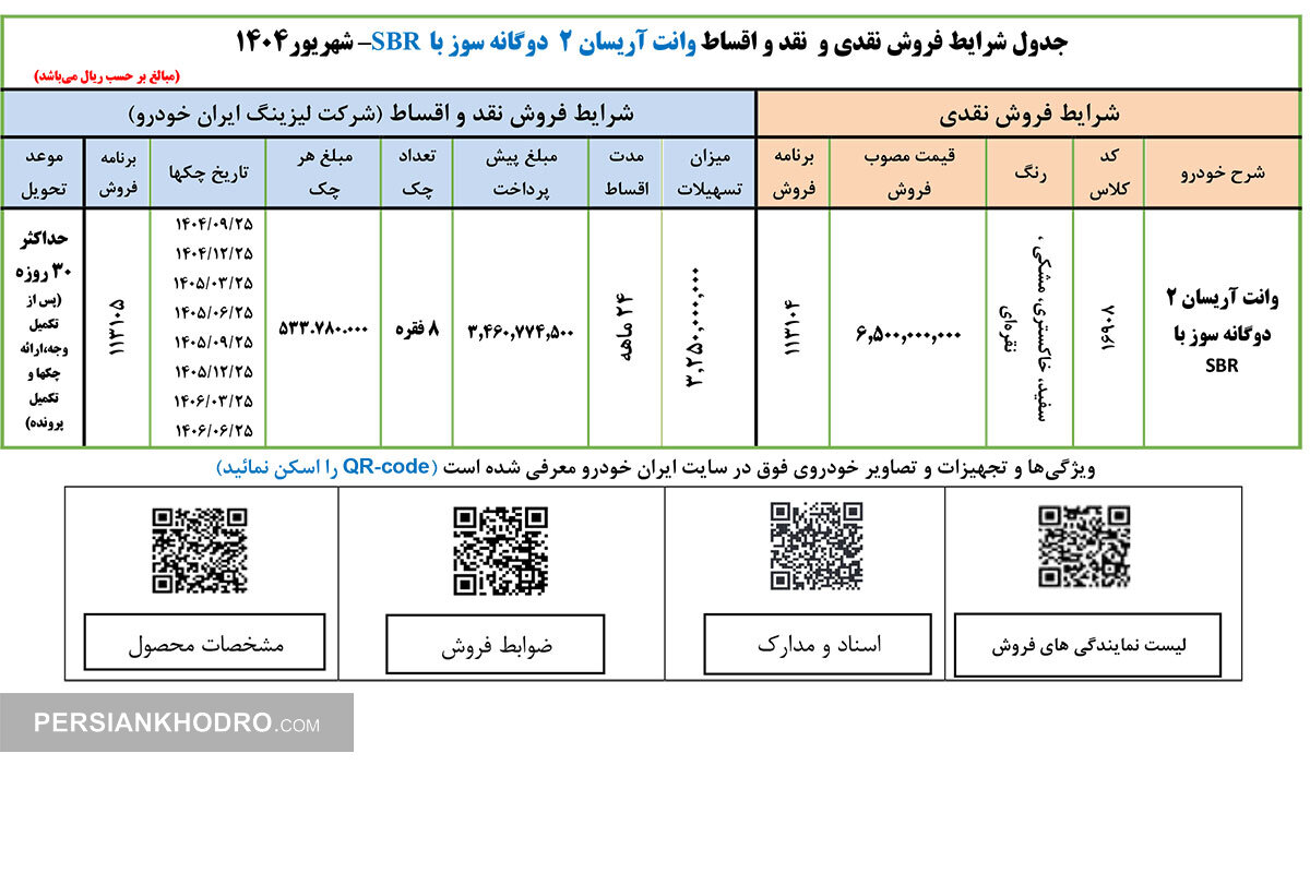 جدول فروش نقد و اقساط وانت آریسان ۲ در شهریور۱۴۰۴