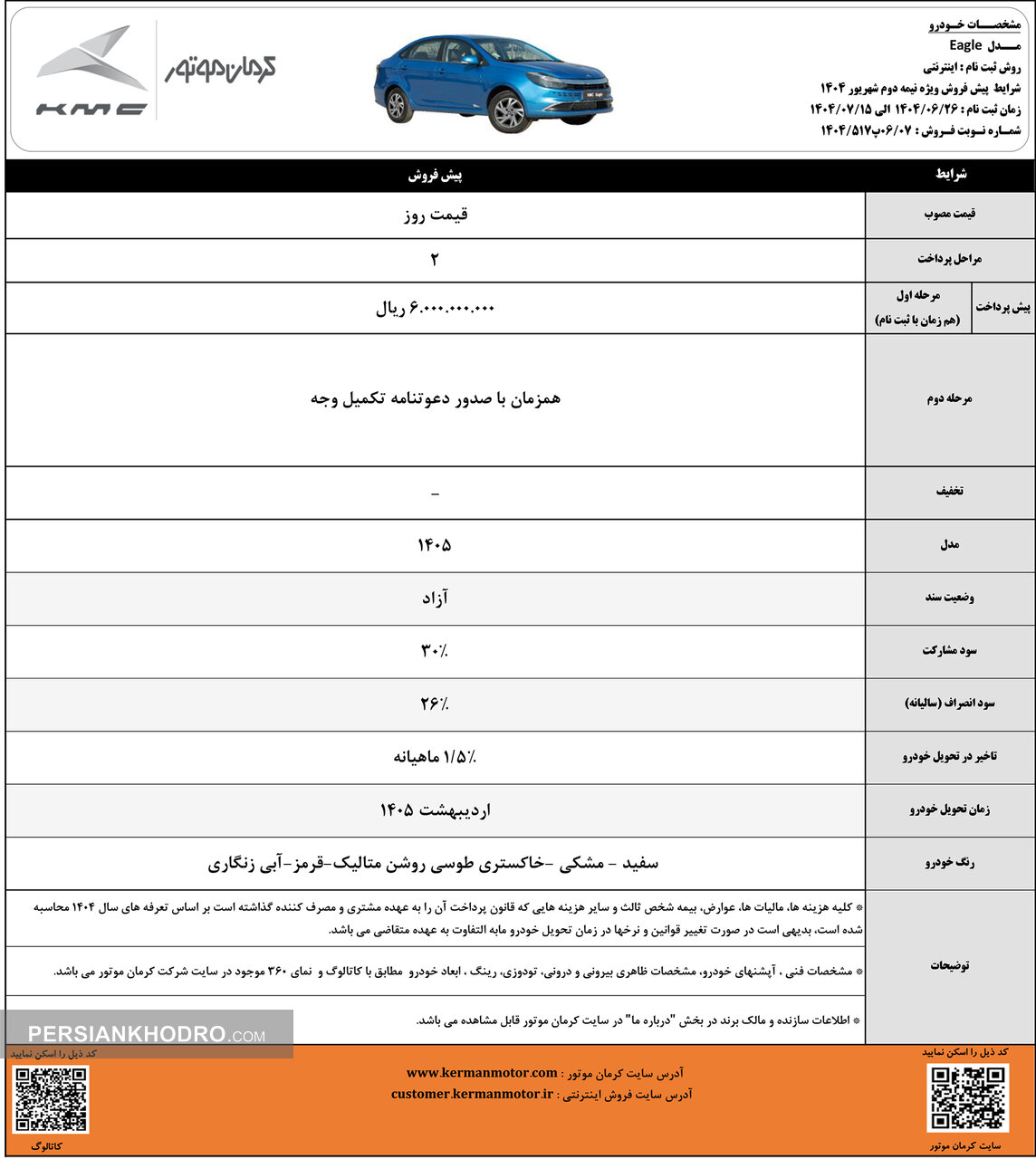شرایط پیش فروش کی ام سی ایگل-شهریور1404