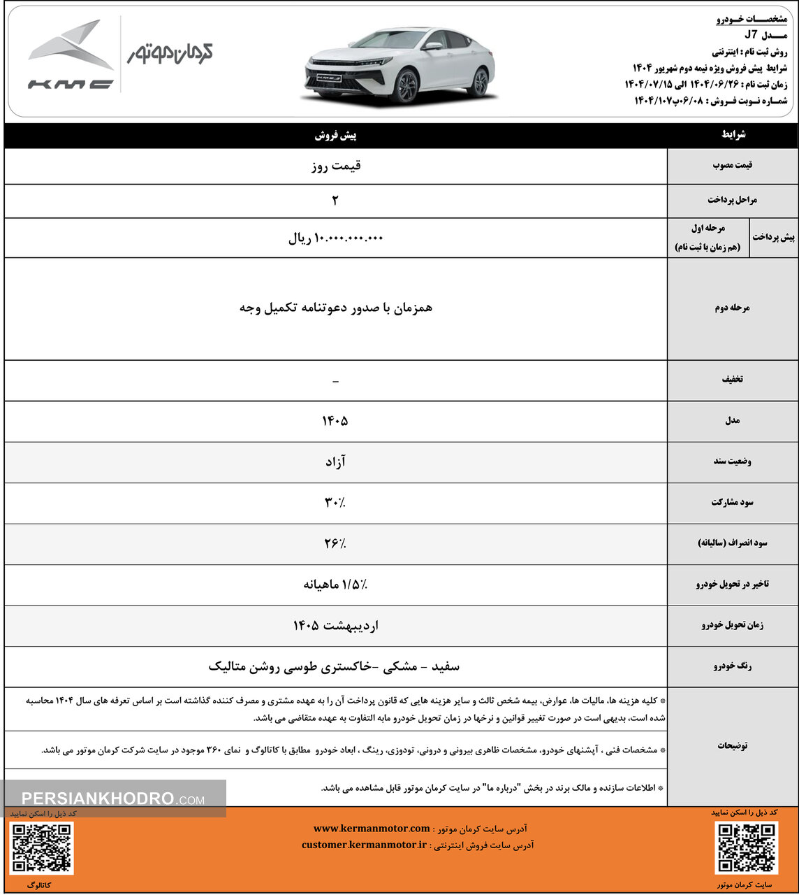 شرایط پیش فروش کی ام سی جی7-شهریور1404