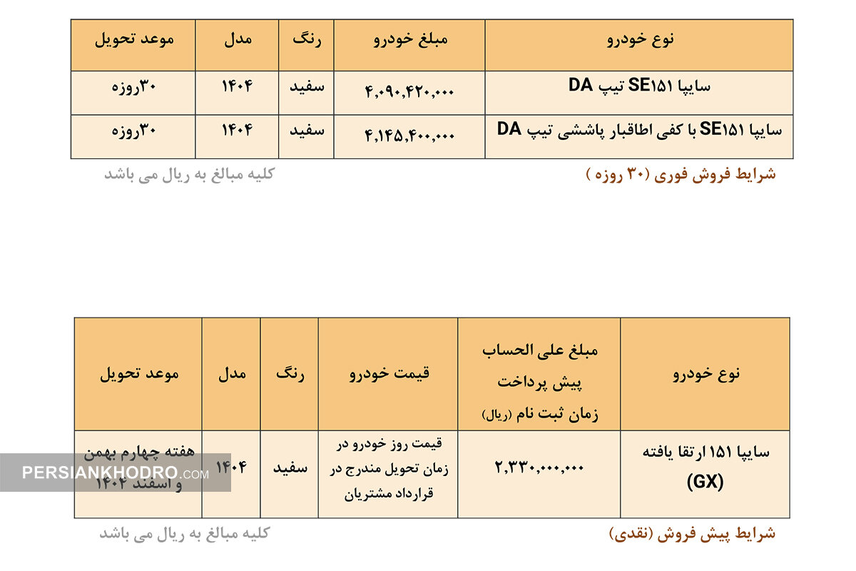 جدول فروش ۳ مدل وانت سایپا ۱۵۱ در شهریور ۱۴۰۴ 