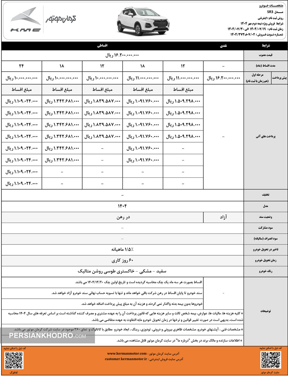 شرایط فروش KMC SR3 - مهر1404