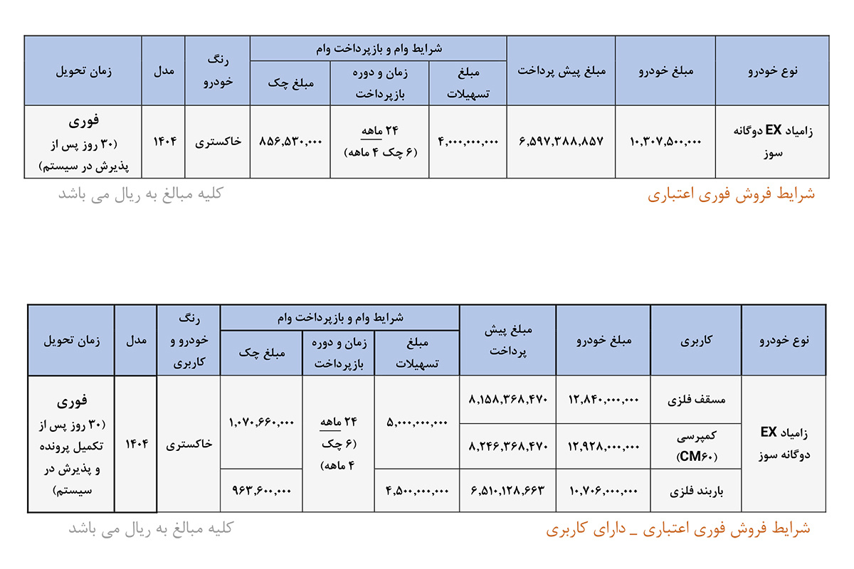 شرایط فروش زامیاد EX - آبان 1404