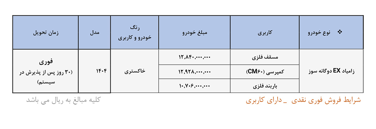 شرایط فروش زامیاد EX - آبان 1404
