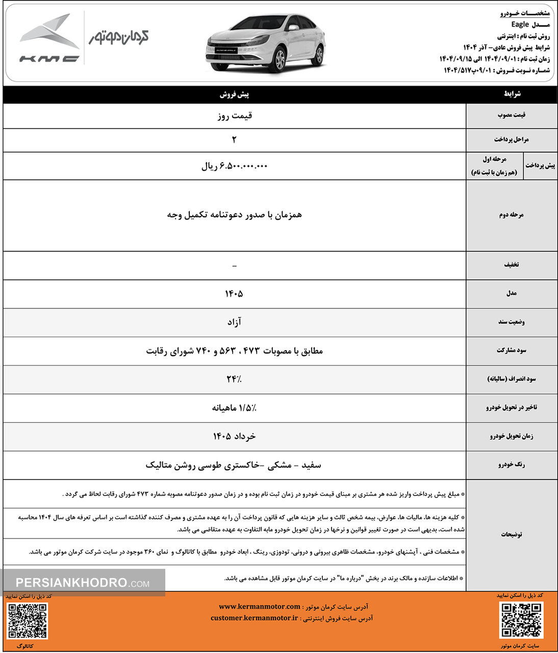 شرایط فروش کی ام سی ایگل-آذر1404