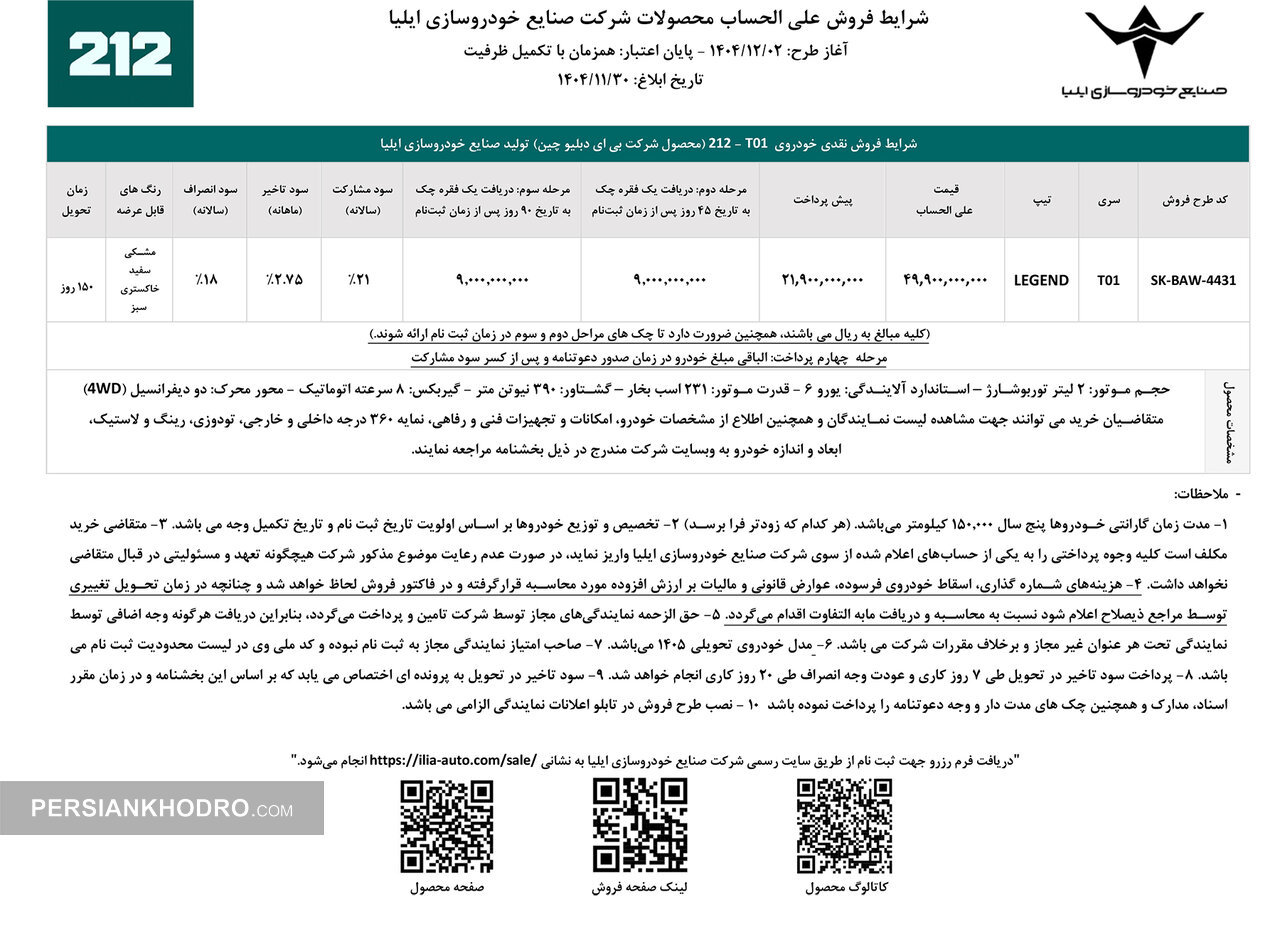 جدول فروش 212- اسفند1404