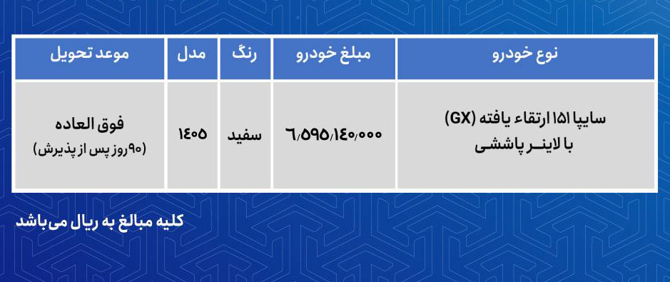 جدول فروش وانت سایپا 151 - اسفند 1404