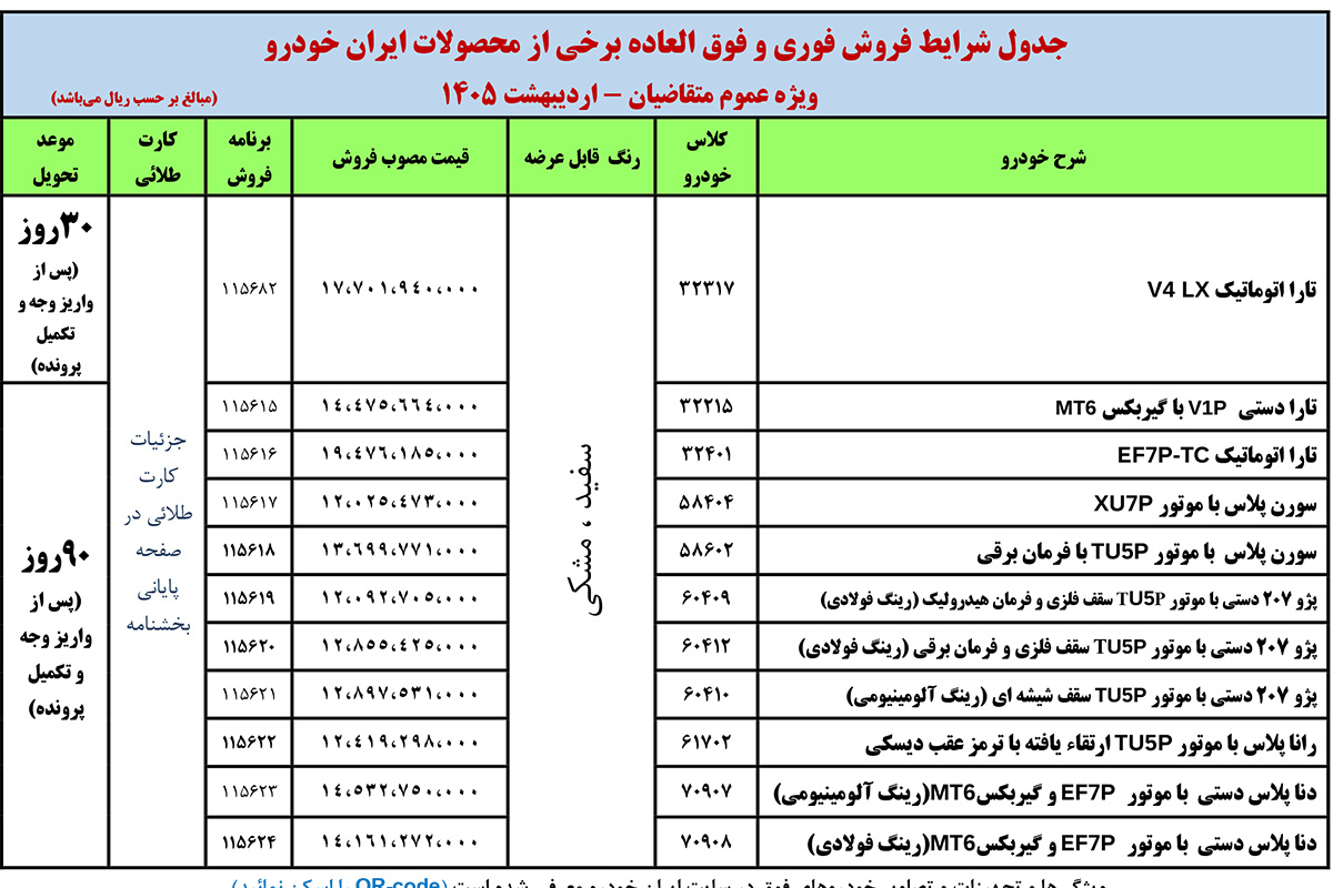 جدول فروش اردیبهشت ماه 1405 ایران خودرو