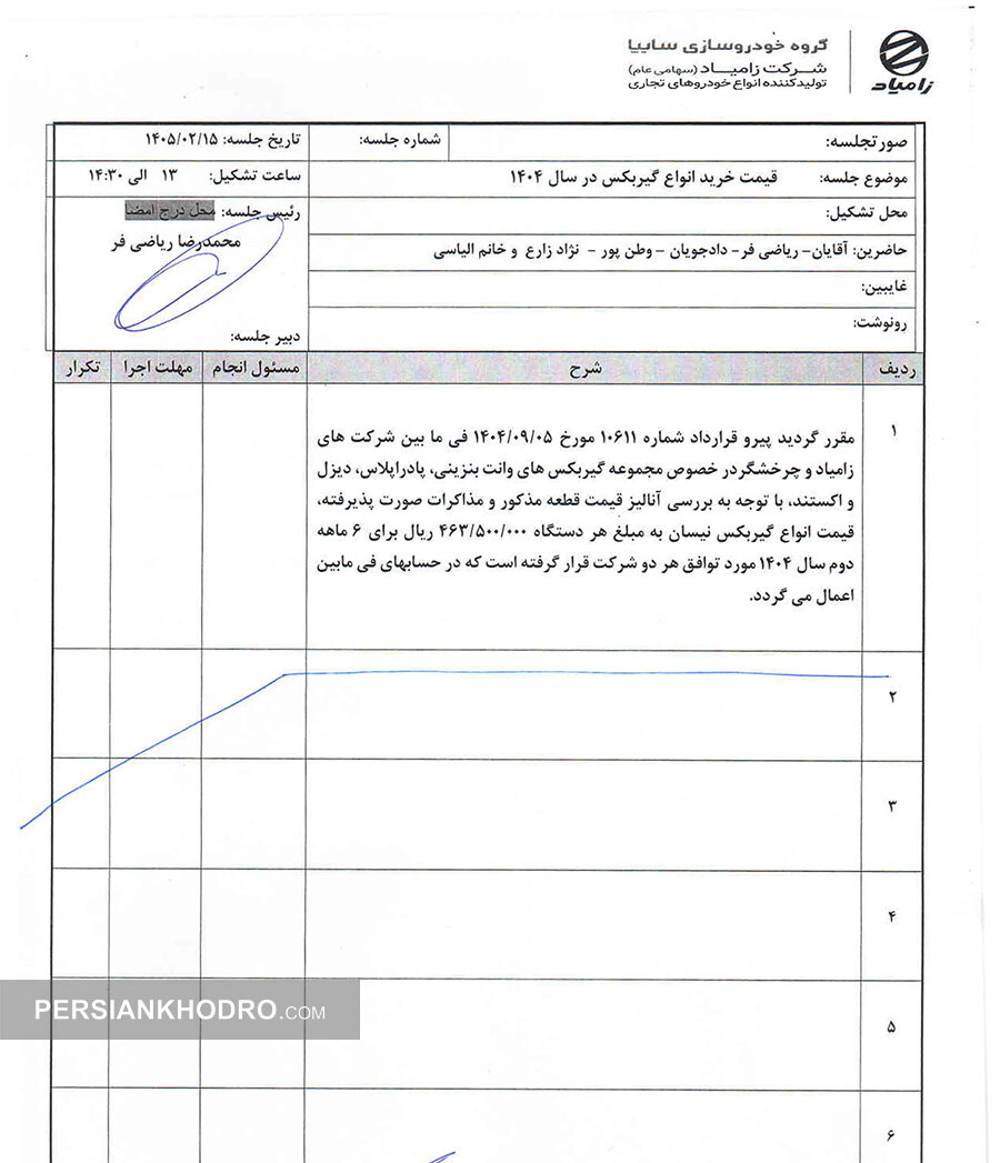 صورتجلسه افزایش ۲۷ درصدی قیمت گیربکس نیسان در نیمه دوم ۱۴۰۴