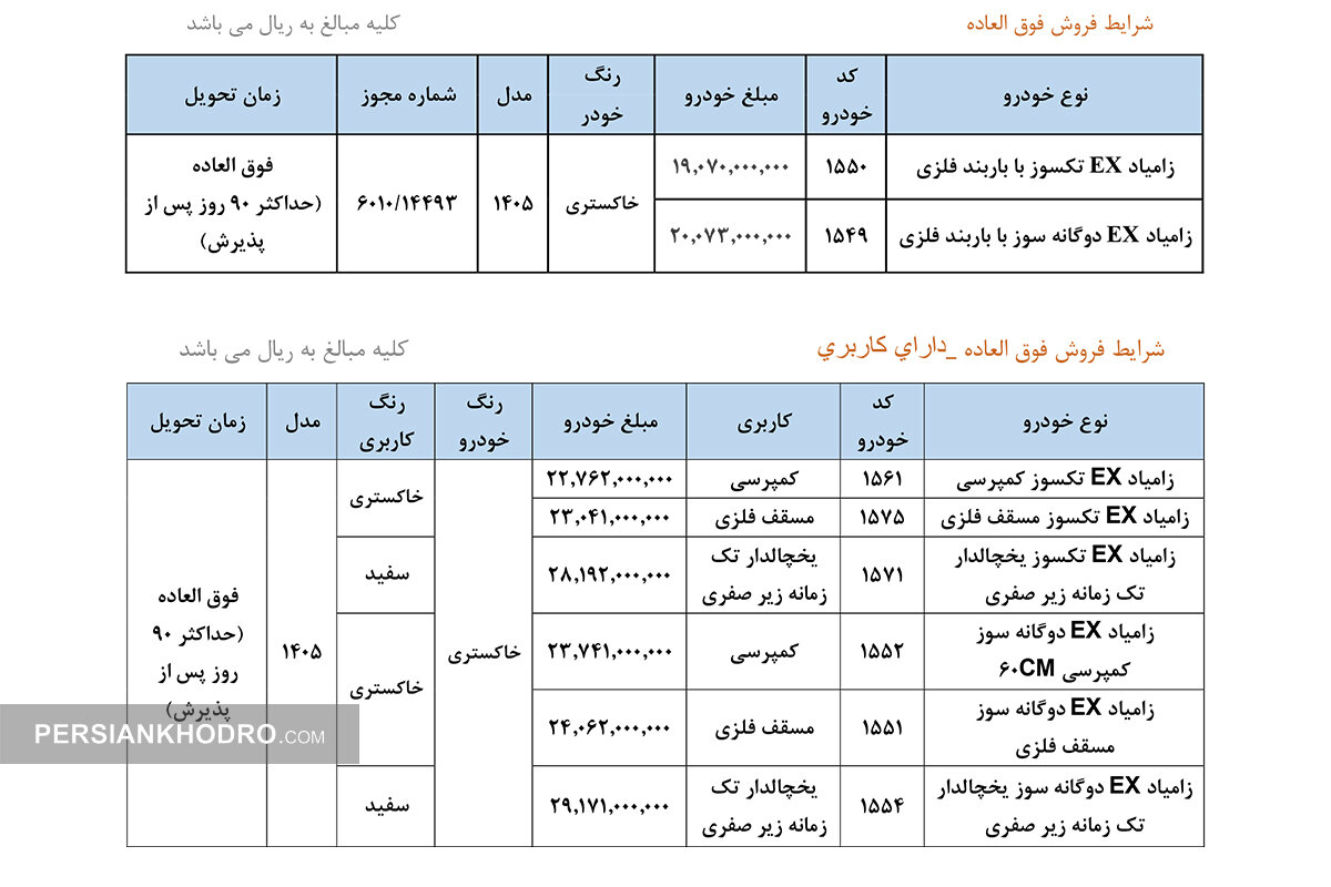 جدول فروش وانت زامیاد - اردیبهشت 1405