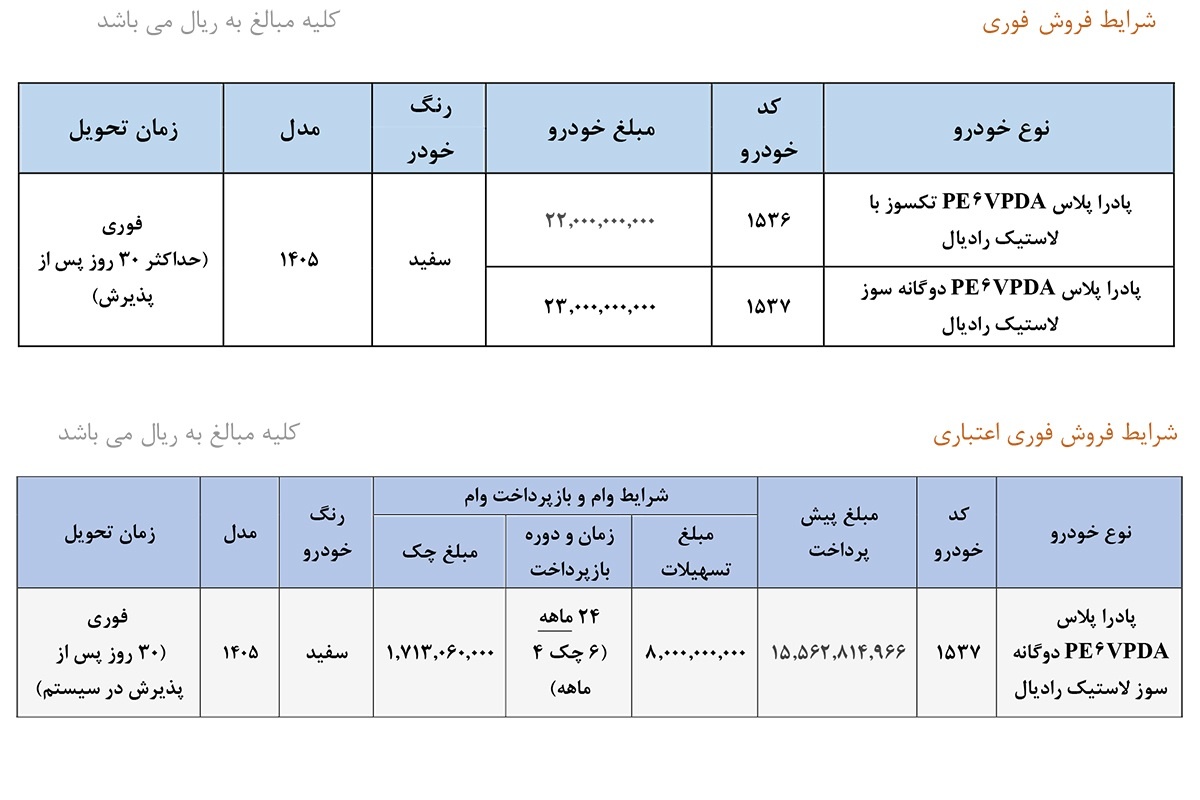 جدول فروش پادرا پلاس - خرداد1405