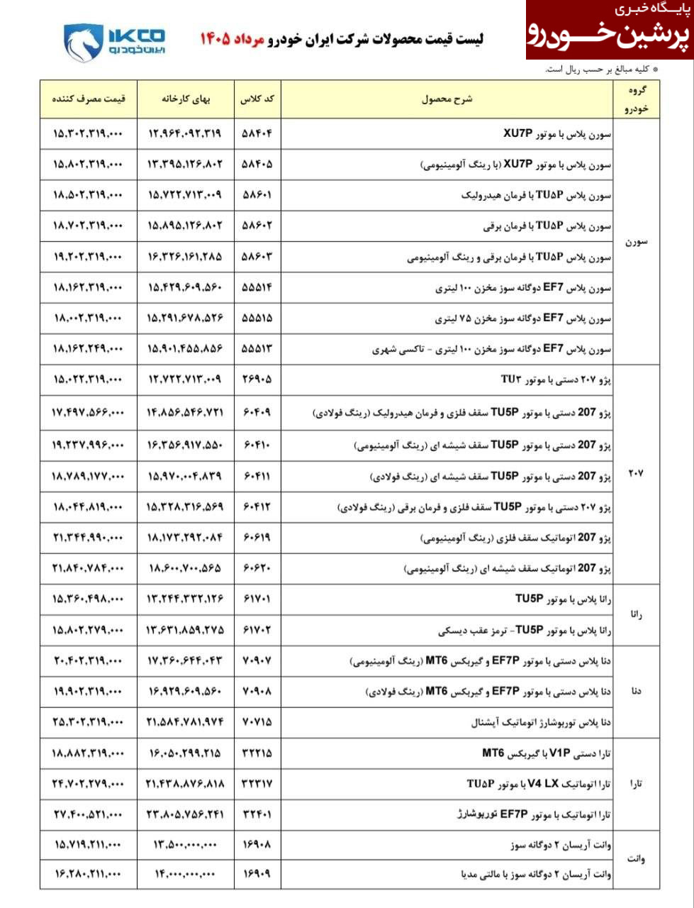 جدول قیمت کارخانه ای محصولات ایران خودرو-مرداد1405