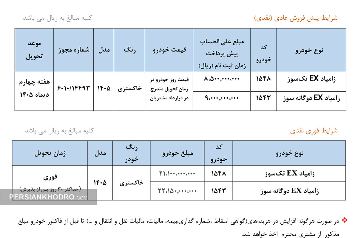 جدول فروش وانت نیسان EX زامیاد در شهریور 1405