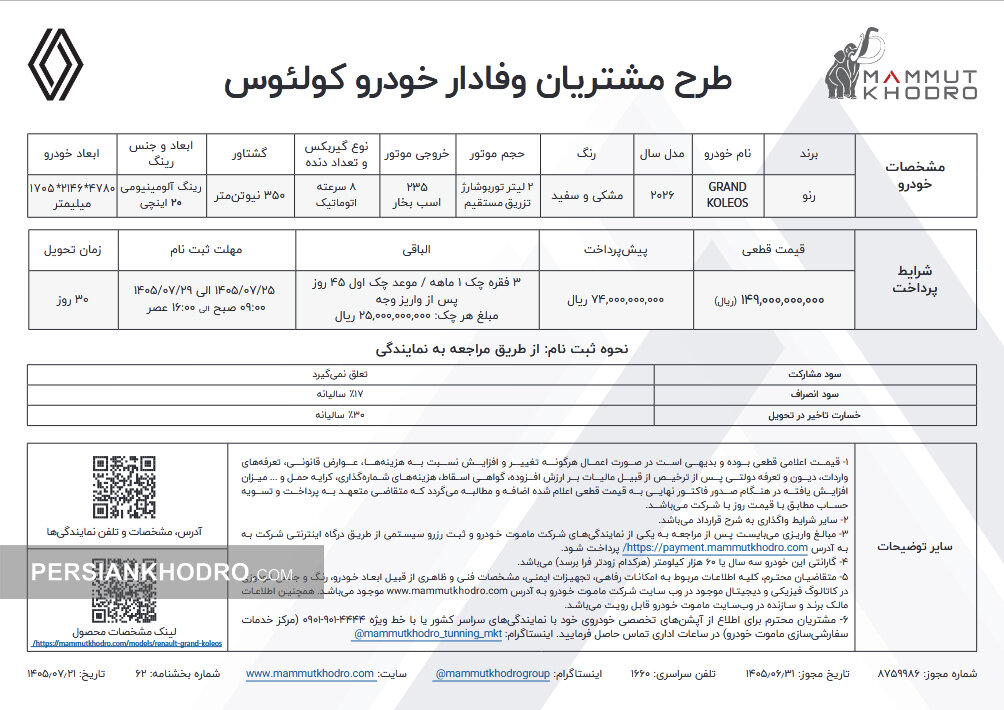 شروع فروش اقساطی رنو گرند کولئوس - مهر ۱۴۰۵ (+زمان، قیمت و شرایط)
